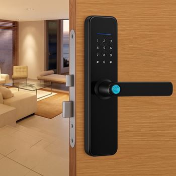 A black door with a blue light on it and a keypad on the side.